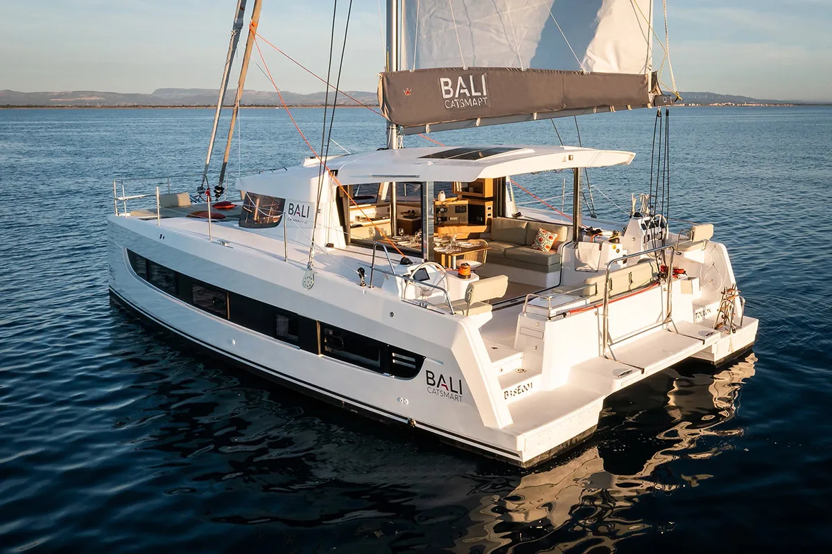 Luxury catamaran at anchor
